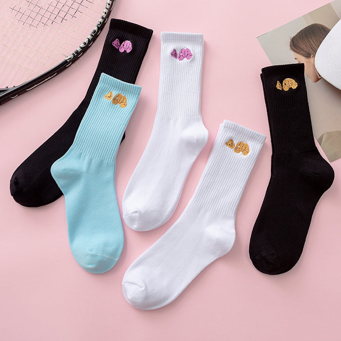 Wholesale Broken Head Bear Embroidery Sports Cotton Middle Socks JDC-SK-JiaY013