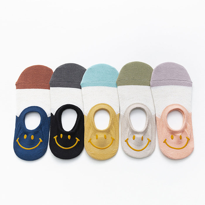 Wholesale Heel hot stamping smiling face shallow mouth socks cotton color blocked socks with silicone invisible socks