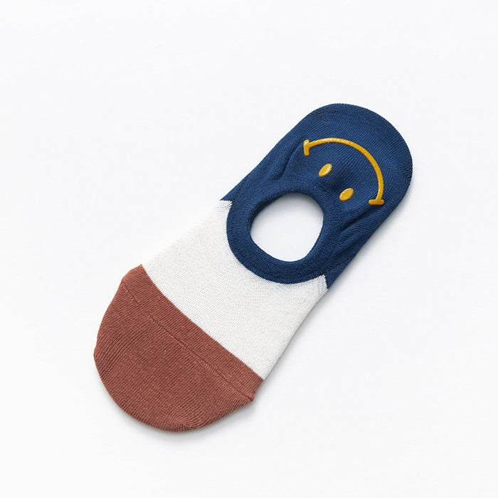 Wholesale Heel hot stamping smiling face shallow mouth socks cotton color blocked socks with silicone invisible socks