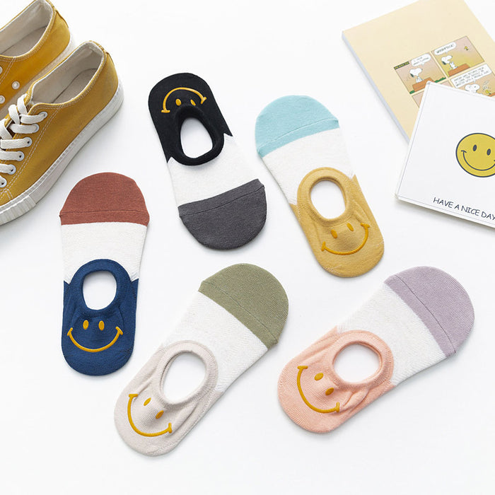 Wholesale Heel hot stamping smiling face shallow mouth socks cotton color blocked socks with silicone invisible socks