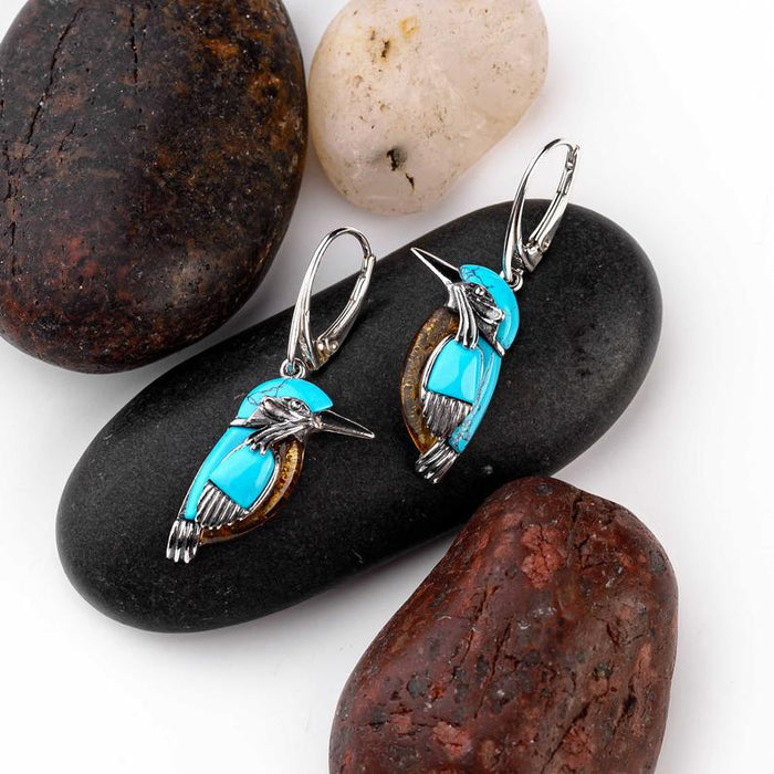 Wholesale Vintage Silver Natural Style Turquoise Bird Earrings Turquoise Earrings