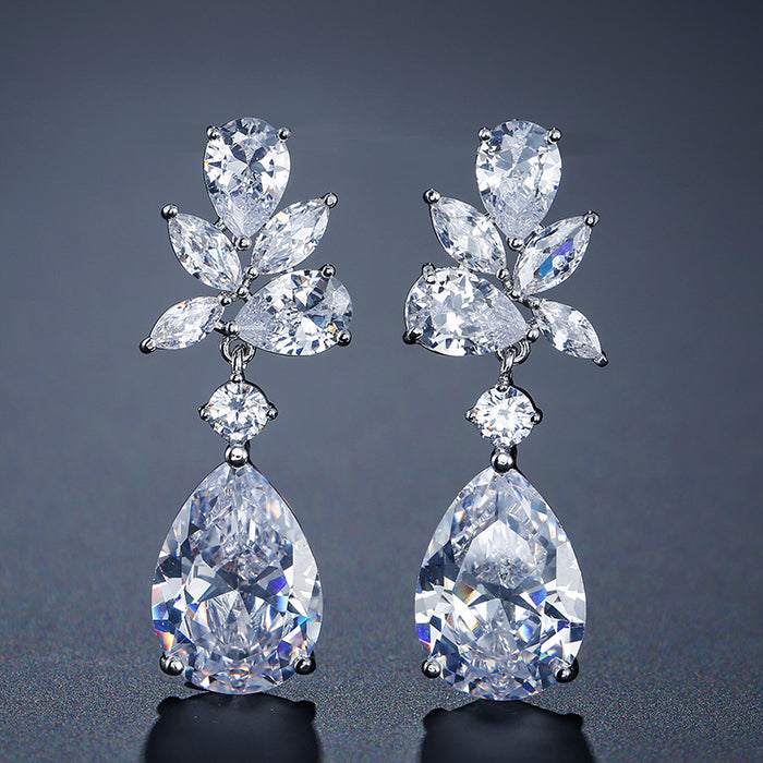 Wholesale Exquisite and Creative Water Droplet Petal Earrings with Women's Micro inlaid Zircon, Fashionable and Versatile Bridal Earrings