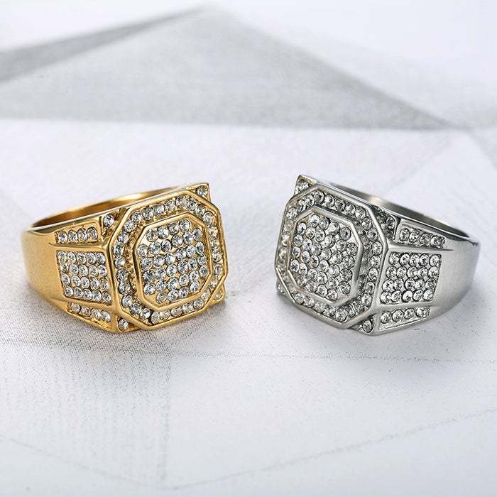Wholesale Titanium Steel Gold-plated Full Diamond Men's Rings JDC-RS-HongX019
