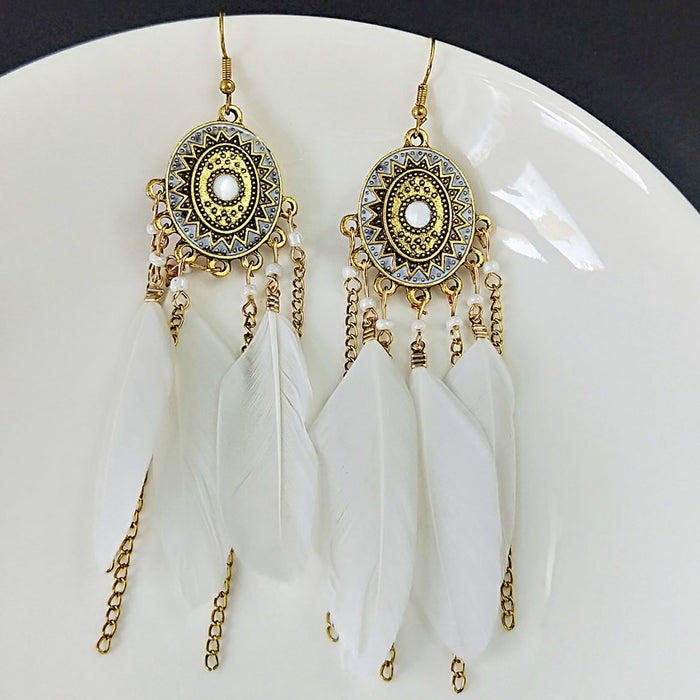 Wholesale Vintage earrings, fashionable feather chain tassel earrings, long style