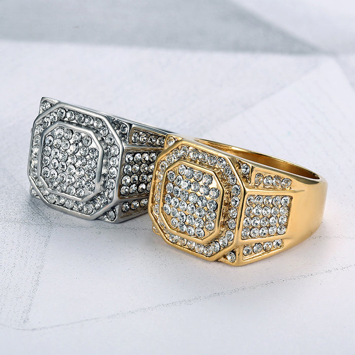 Wholesale Titanium Steel Gold-plated Full Diamond Men's Rings JDC-RS-HongX019