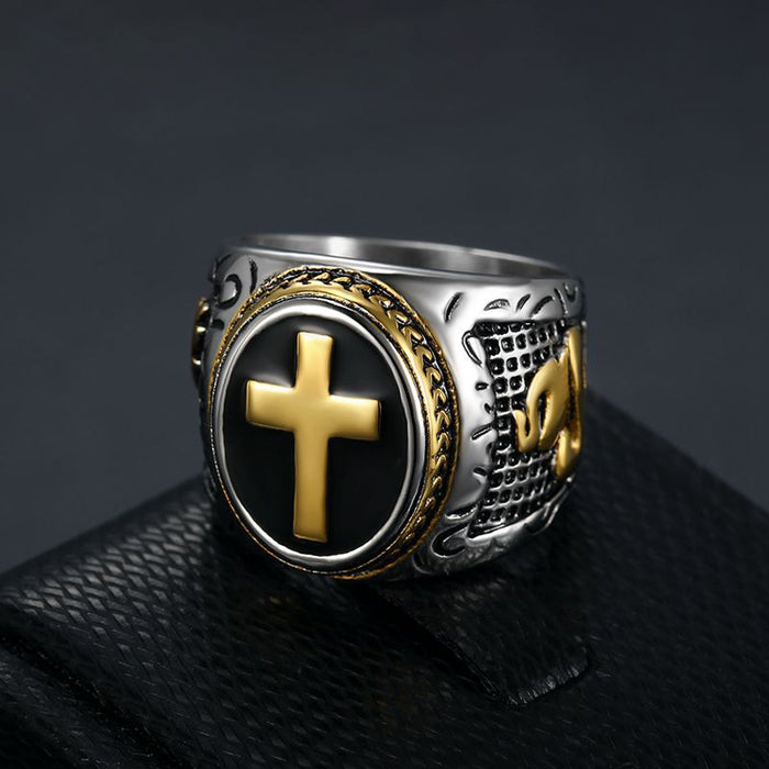 Wholesale Titanium Steel Color Preserving Vacuum Gold Plated God's Hand Men's Rings JDC-RS-HongX007