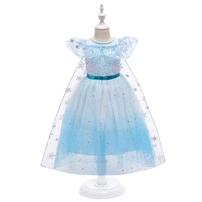 Wholesale Sequins with Cape Mesh Puff Children's Performance Dress