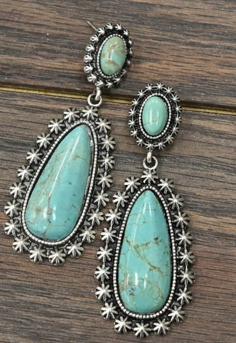 Wholesale New 925 antique silver turquoise earrings with creative teardrop shaped turquoise exaggerated earrings