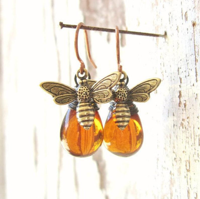 Wholesale Vintage Honeybee Droplet Earrings, Popular Droplet Amber Exaggerated Earrings, Jewelry
