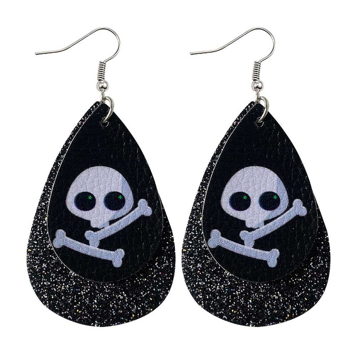 Wholesale 50pcs Double-Layer Leather Earrings Skull Sequin Drop-Shaped Pu Leather Earrings Ear Jewelry