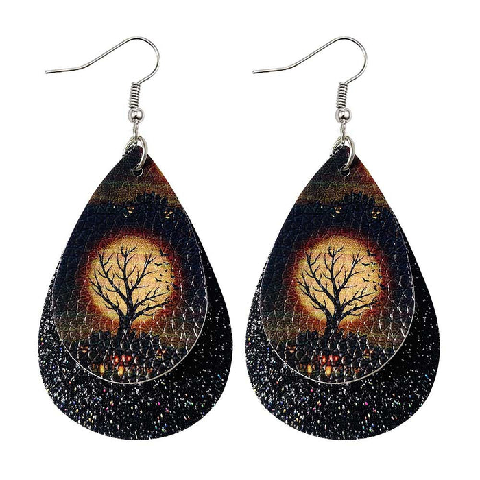 Wholesale 50pcs Double-Layer Leather Earrings Skull Sequin Drop-Shaped Pu Leather Earrings Ear Jewelry