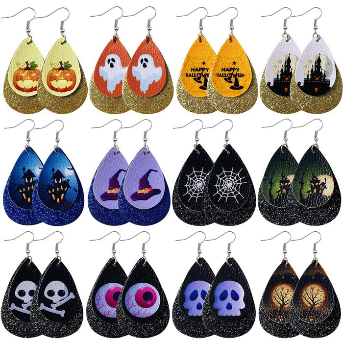 Wholesale 50pcs Double-Layer Leather Earrings Skull Sequin Drop-Shaped Pu Leather Earrings Ear Jewelry