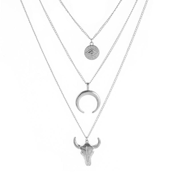 Wholesale New fashionable and simple alloy cow head geometric disc eye cow horn multi-layer necklace