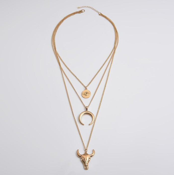 Wholesale New fashionable and simple alloy cow head geometric disc eye cow horn multi-layer necklace