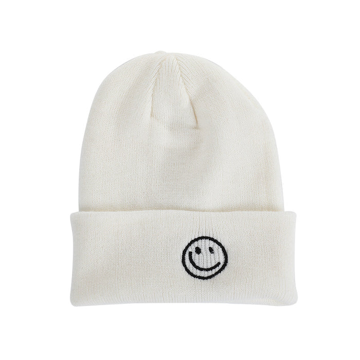 Wholesale Winter Knitted Hat with Smiley Face Embroidery,  Solid Color Cuffed Hip-Hop Knit Hat