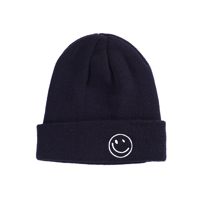 Wholesale Winter Knitted Hat with Smiley Face Embroidery,  Solid Color Cuffed Hip-Hop Knit Hat