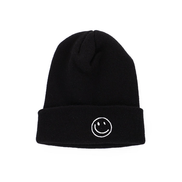 Wholesale Winter Knitted Hat with Smiley Face Embroidery,  Solid Color Cuffed Hip-Hop Knit Hat