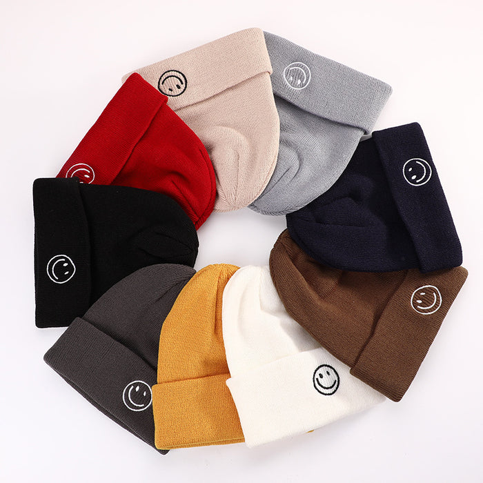 Wholesale Winter Knitted Hat with Smiley Face Embroidery,  Solid Color Cuffed Hip-Hop Knit Hat