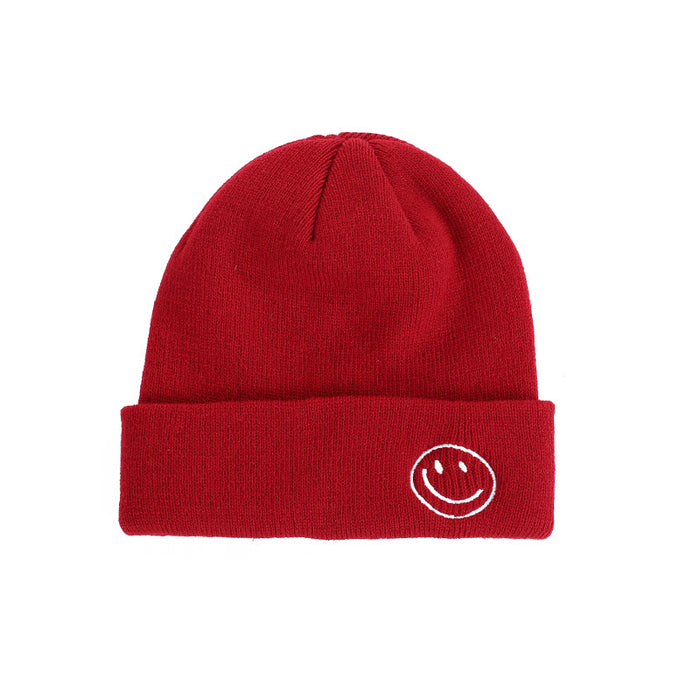 Wholesale Winter Knitted Hat with Smiley Face Embroidery,  Solid Color Cuffed Hip-Hop Knit Hat