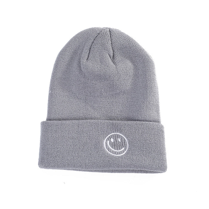 Wholesale Winter Knitted Hat with Smiley Face Embroidery,  Solid Color Cuffed Hip-Hop Knit Hat