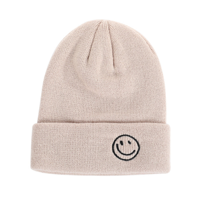 Wholesale Winter Knitted Hat with Smiley Face Embroidery,  Solid Color Cuffed Hip-Hop Knit Hat