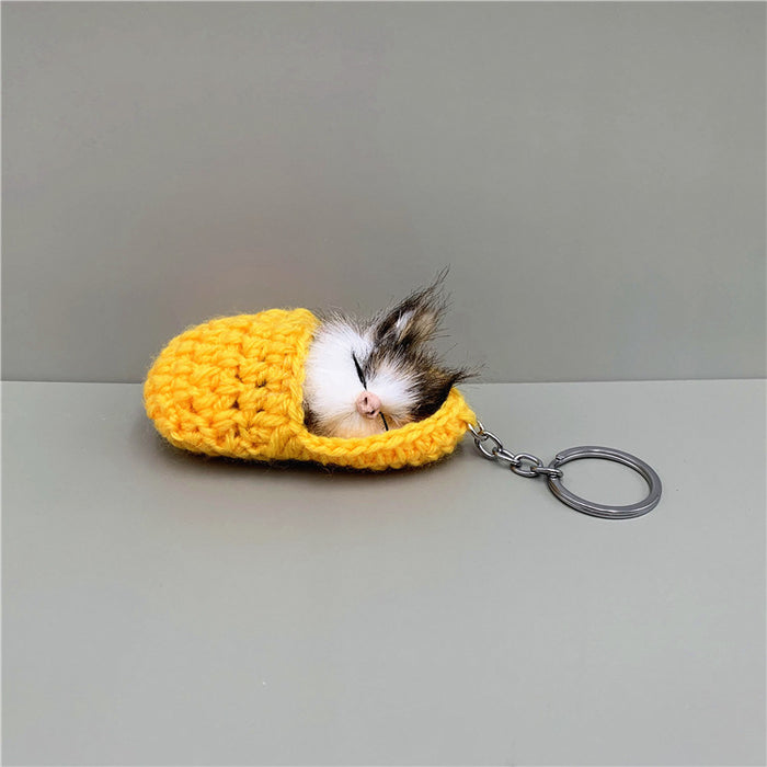 Wholesale Cute Sleeping Cat Keychain Slippers Cat Plush Bag Pendant Car Key Chain Artificial Animal Small Gift