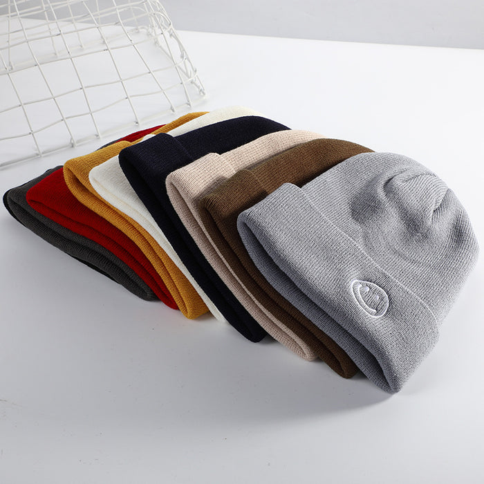 Wholesale Winter Knitted Hat with Smiley Face Embroidery,  Solid Color Cuffed Hip-Hop Knit Hat