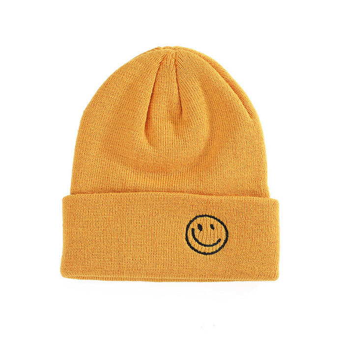 Wholesale Winter Knitted Hat with Smiley Face Embroidery,  Solid Color Cuffed Hip-Hop Knit Hat