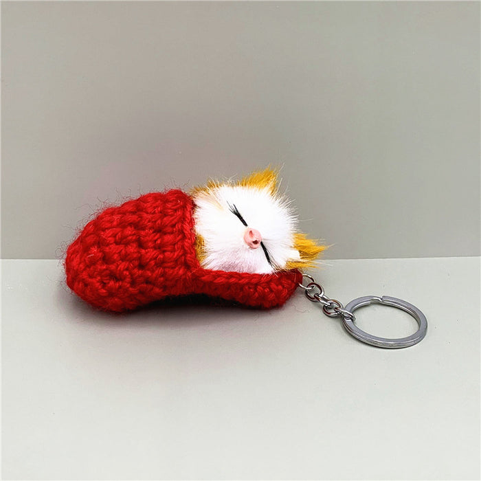 Wholesale Cute Sleeping Cat Keychain Slippers Cat Plush Bag Pendant Car Key Chain Artificial Animal Small Gift