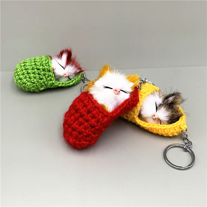 Wholesale Cute Sleeping Cat Keychain Slippers Cat Plush Bag Pendant Car Key Chain Artificial Animal Small Gift