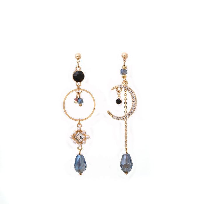 Wholesale Silver Needle Sparkling Diamond Water Drop Moon tassel Earrings, Personalized Asymmetric Long Style