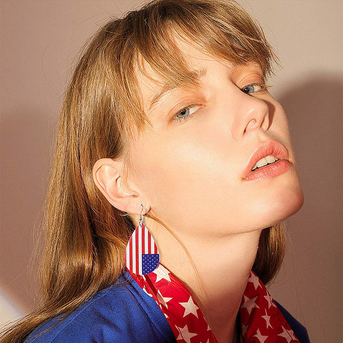 Wholesale Leather earrings with printed national flag pentagram PU leather earrings, water droplet multi-layer earrings, earrings wholesale