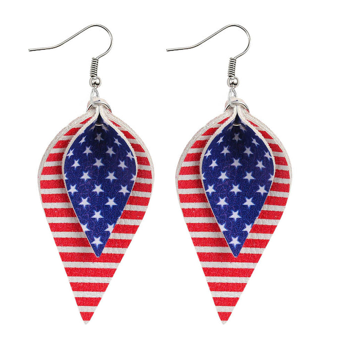 Wholesale Leather earrings with printed national flag pentagram PU leather earrings, water droplet multi-layer earrings, earrings wholesale