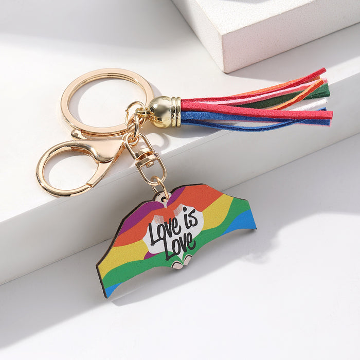 Wholesale Pride Day Love Rainbow Tassel Wooden Keychain JDC-KC-RongRui017