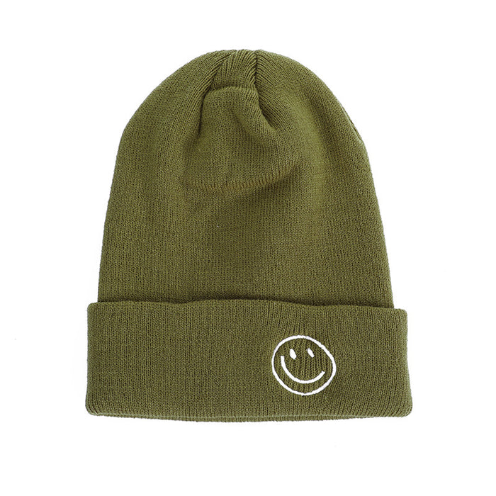 Wholesale Winter Knitted Hat with Smiley Face Embroidery,  Solid Color Cuffed Hip-Hop Knit Hat