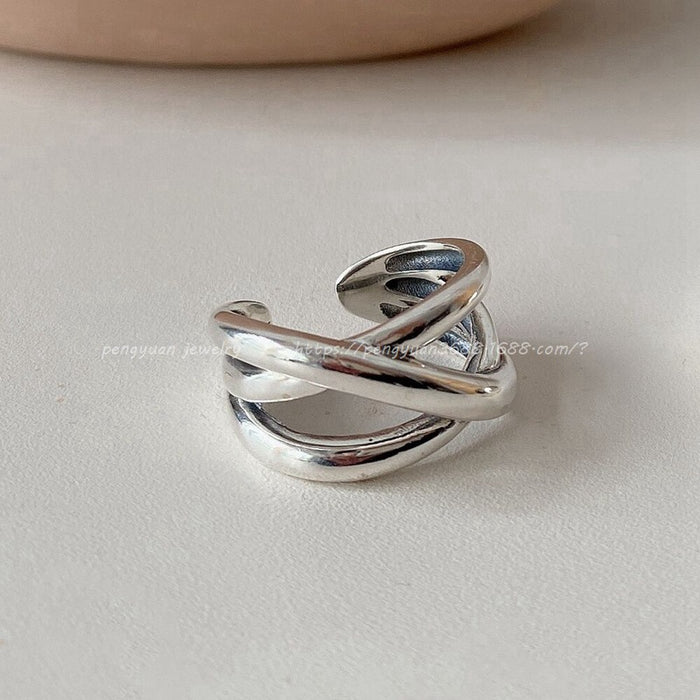 Wholesale Pure silver crossed line ring, simple and personalized, heavy-duty geometric smooth opening ring