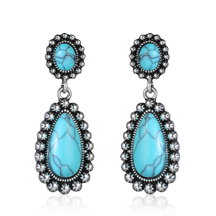 Wholesale New turquoise earrings, antique silver earrings, retro earrings, exaggerated accessories