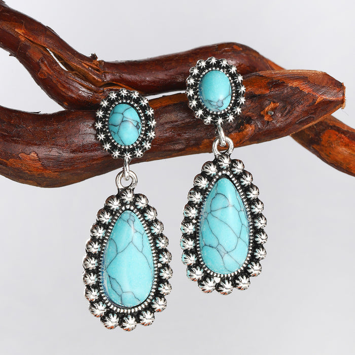 Wholesale New turquoise earrings, antique silver earrings, retro earrings, exaggerated accessories