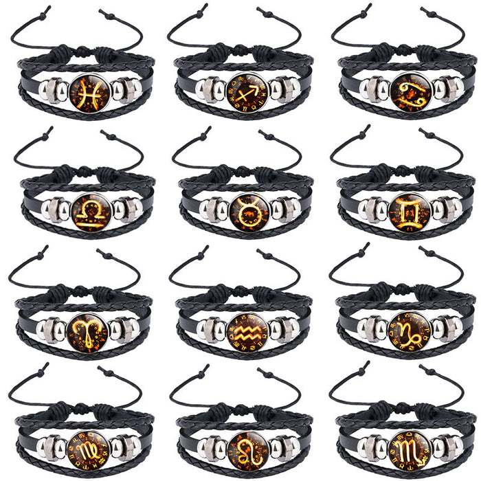 Wholesale 12 zodiac cowhide bracelet, personalized woven bracelet