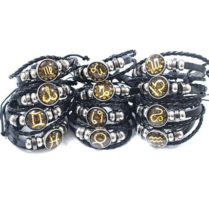 Wholesale 12 zodiac cowhide bracelet, personalized woven bracelet