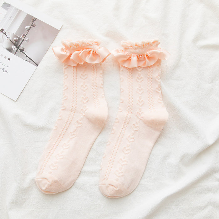 Wholesale Ribbed lace tube socks, cute jacquard pile socks, new women's socks