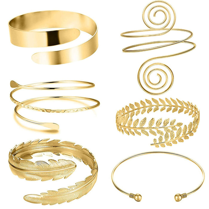 Wholesale Geometric metal arm ring six piece set, personalized exaggerated leaf bracelet set