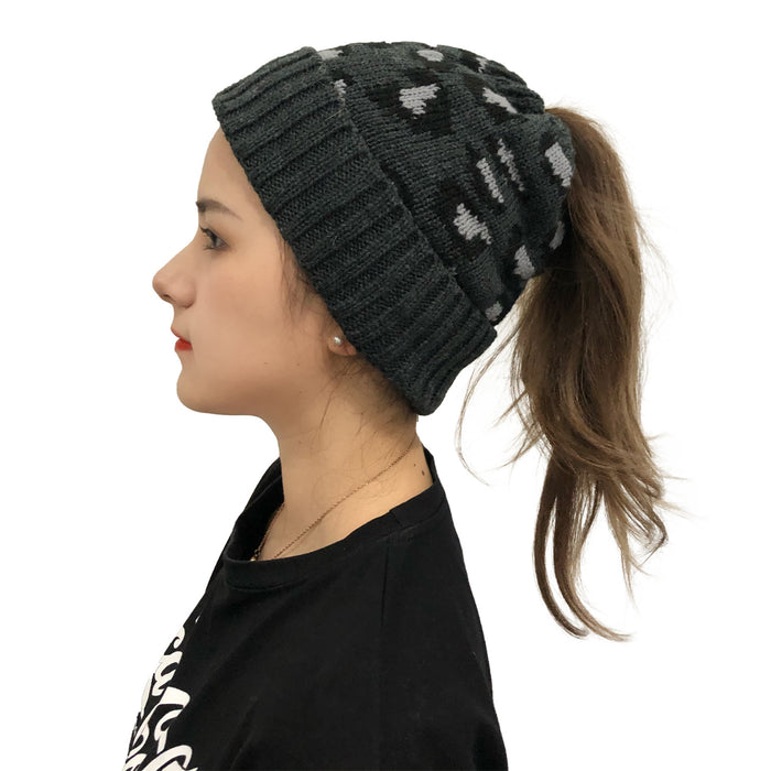 Wholesale Hat Acrylic Leopard Jacquard Ponytail Knit Beanie Beanie JDC-FH-YiXun003