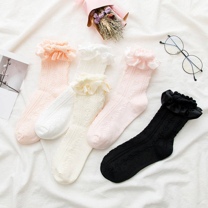 Wholesale Ribbed lace tube socks, cute jacquard pile socks, new women's socks