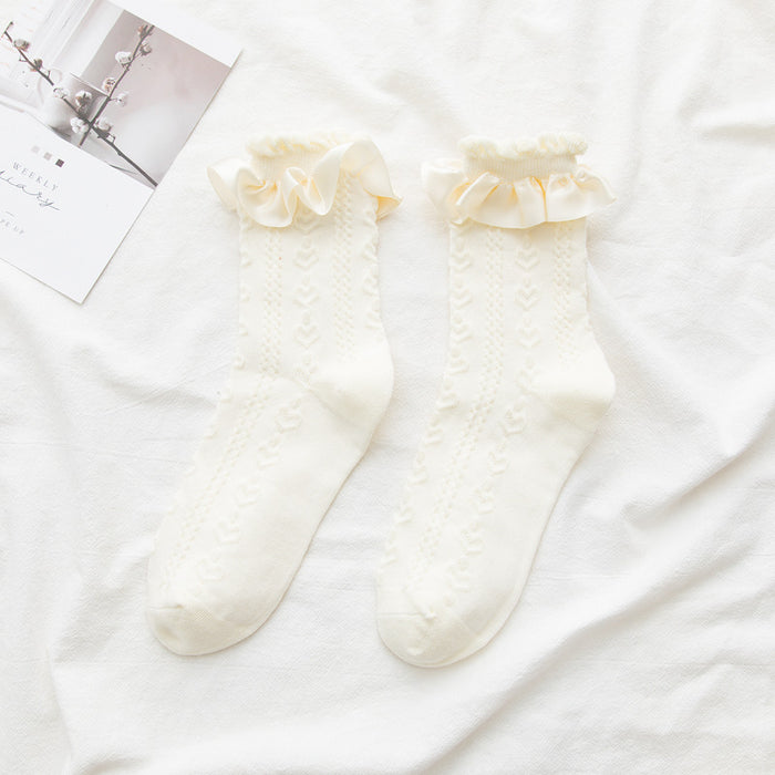 Wholesale Ribbed lace tube socks, cute jacquard pile socks, new women's socks