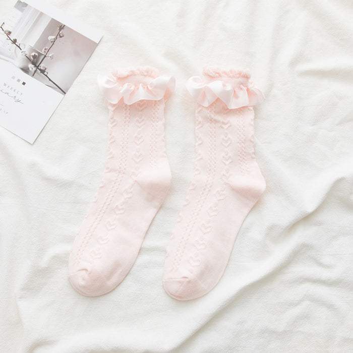 Wholesale Ribbed lace tube socks, cute jacquard pile socks, new women's socks