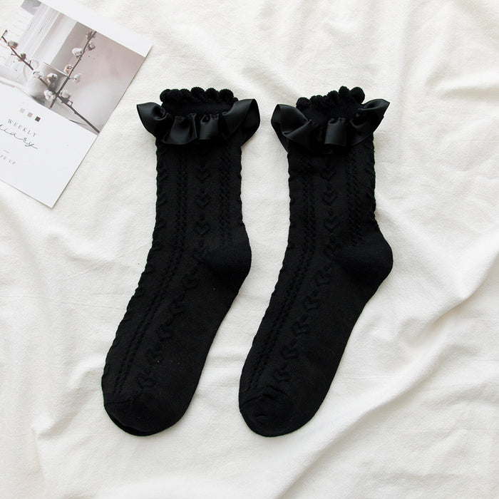 Wholesale Ribbed lace tube socks, cute jacquard pile socks, new women's socks