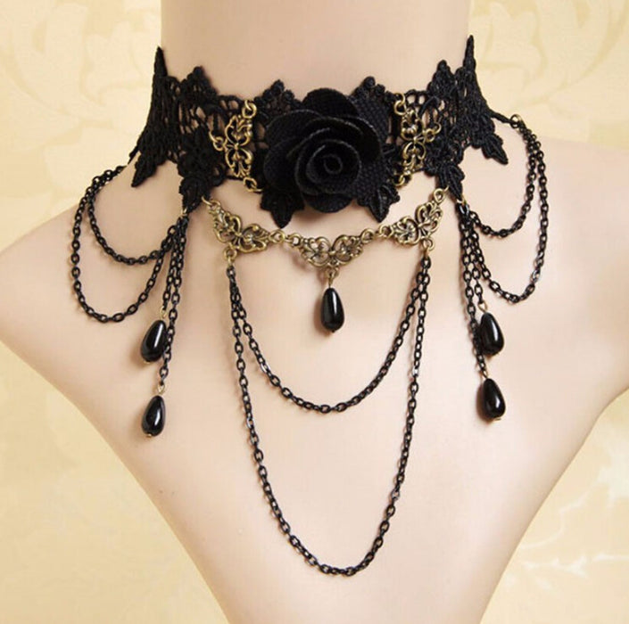 Wholesale Exaggerated Fashion Lace Necklace Black Rose Flower Neck Chain