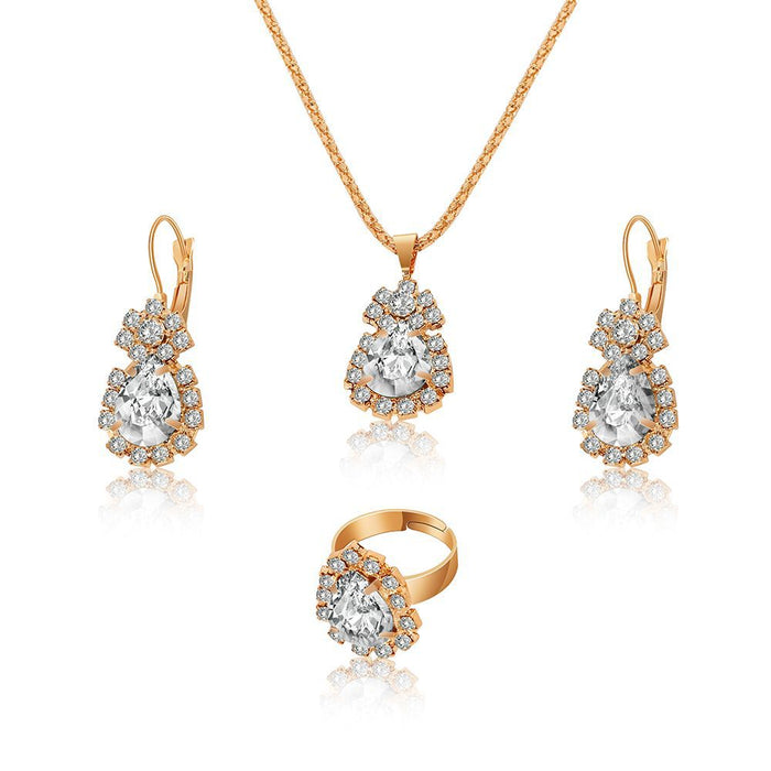 Wholesale water drops rhinestone necklace earrings ring set high-grade bridal jewelry