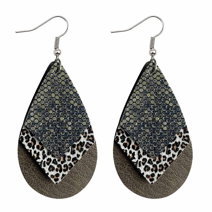 Wholesale 50pcs Earrings Multi-Layered Glitter Leopard Print Drop-Shaped Leather Earrings Export Leather Earrings